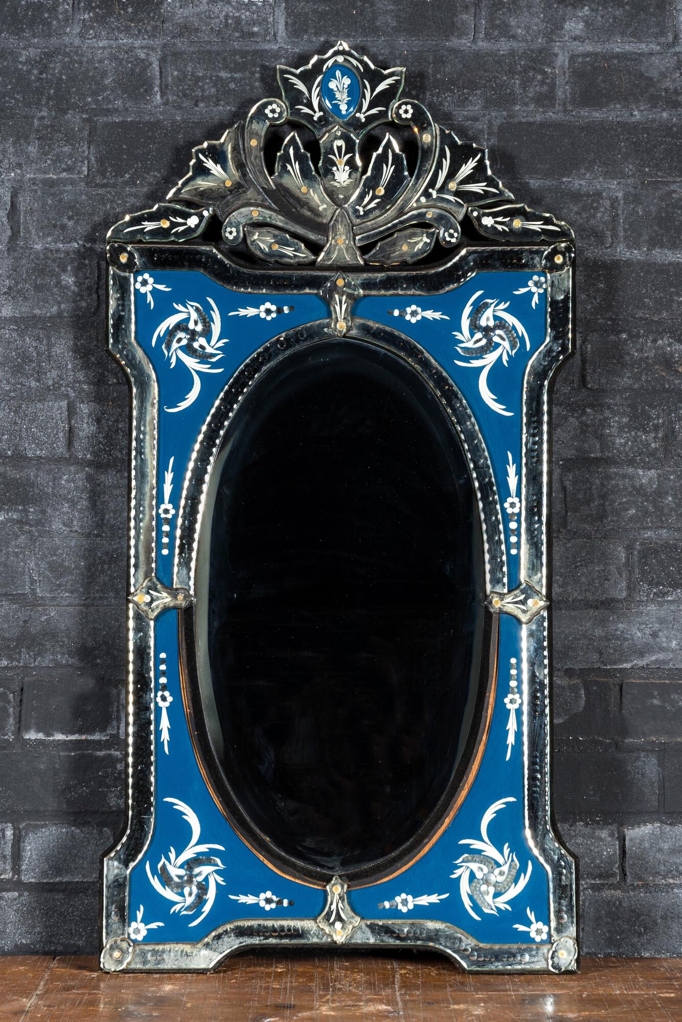 A Venetian blue ground mirror with floral design, 20th C. (1 of 4)