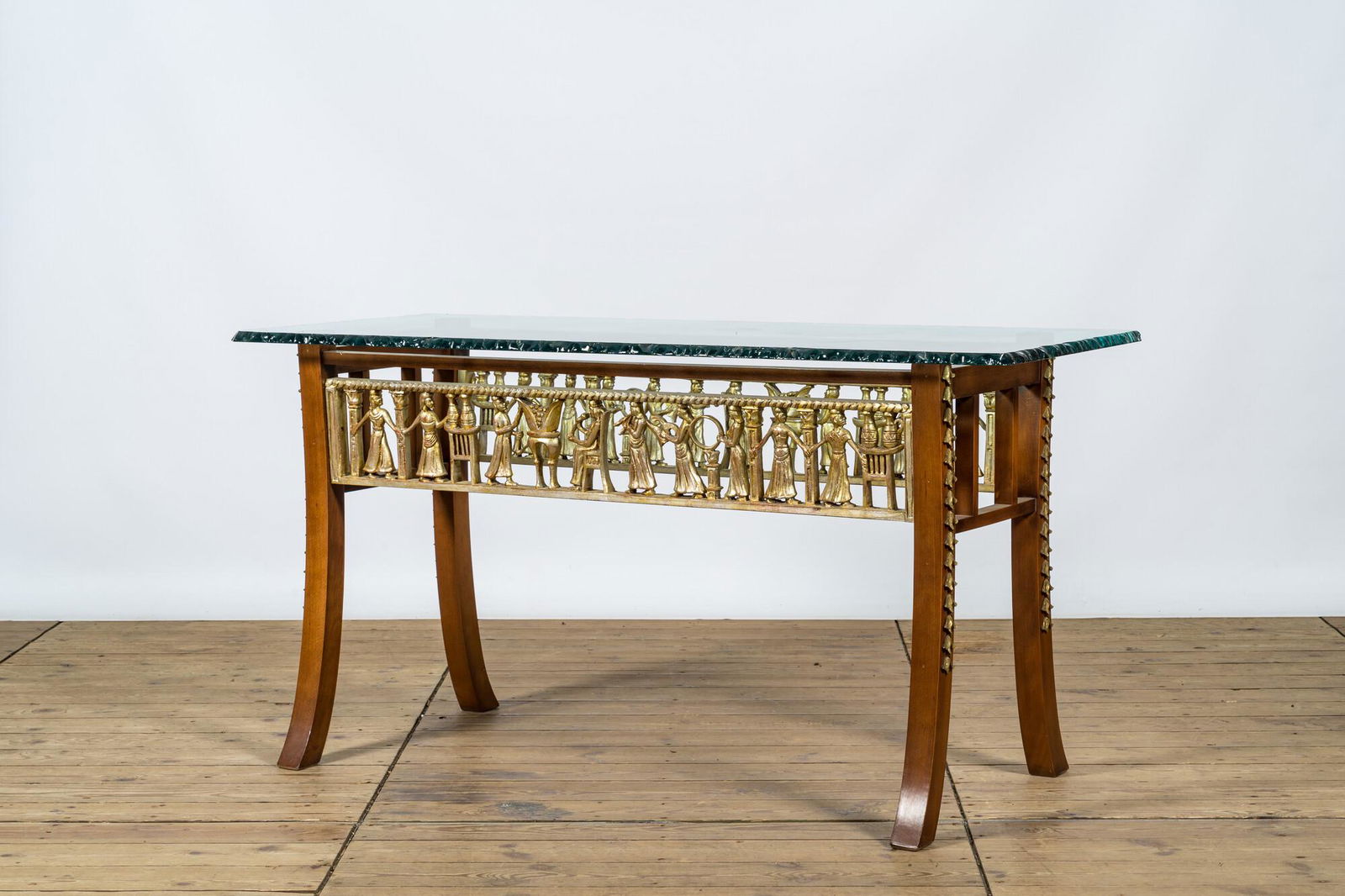 An Italian wooden table with gilt friezes after the antique with a thick glass top, 20th C. (1 of 3)