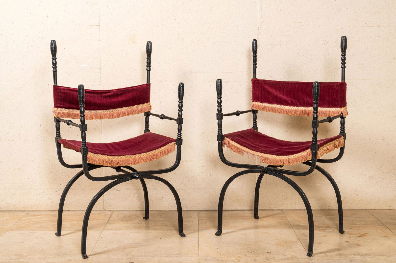 Two wrought iron 'dagobert' chairs, Southern Europe, 20th C.: Full title: Two wrought iron 'dagobert' chairs, Southern Europe, 20th C. Description: H 102 x L 52 x D 43,5 cm About this sale: Paul De Grande is one of the major dealers of antique furniture, fine sc