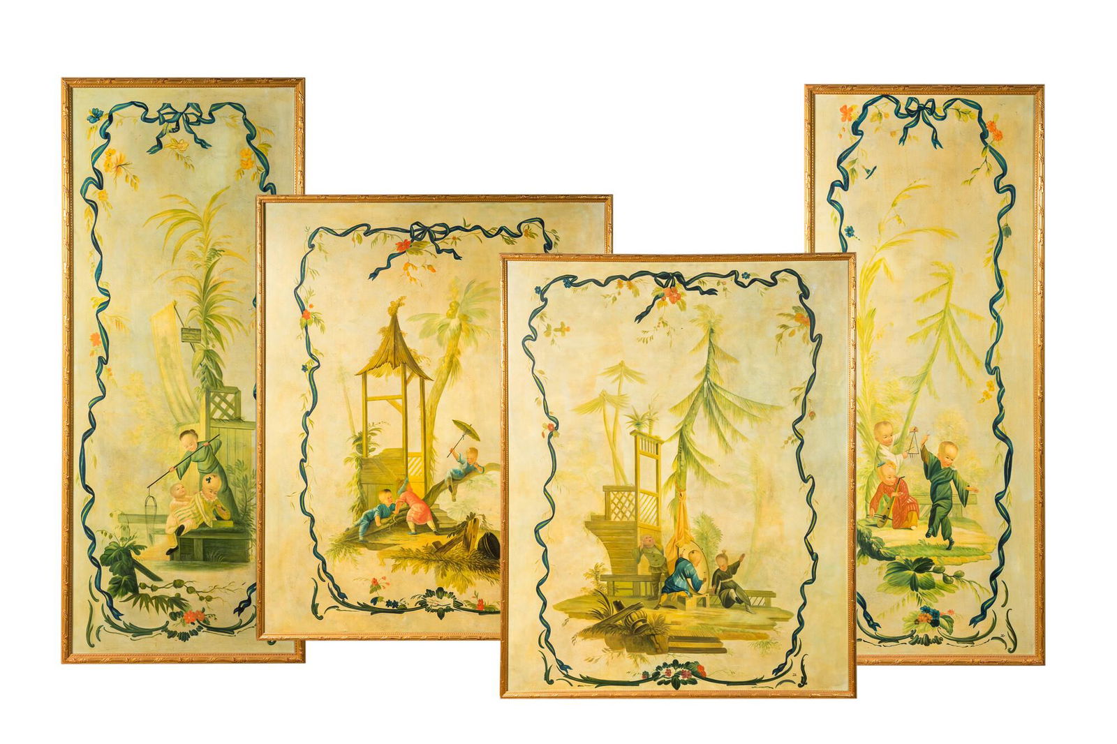 Four large painted canvases with chinoiserie scenes of playing boys, 20th C. (1 of 14)