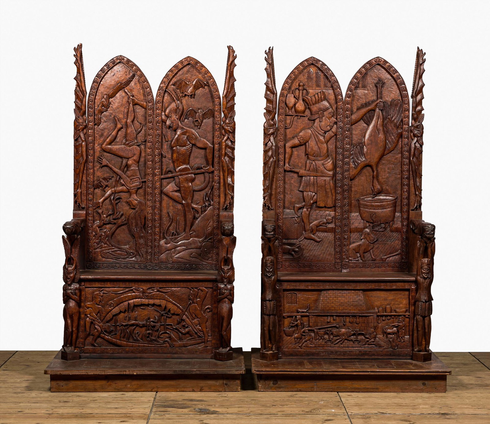 A pair of imposing wooden throne seats with relief design, 20th C. (1 of 8)