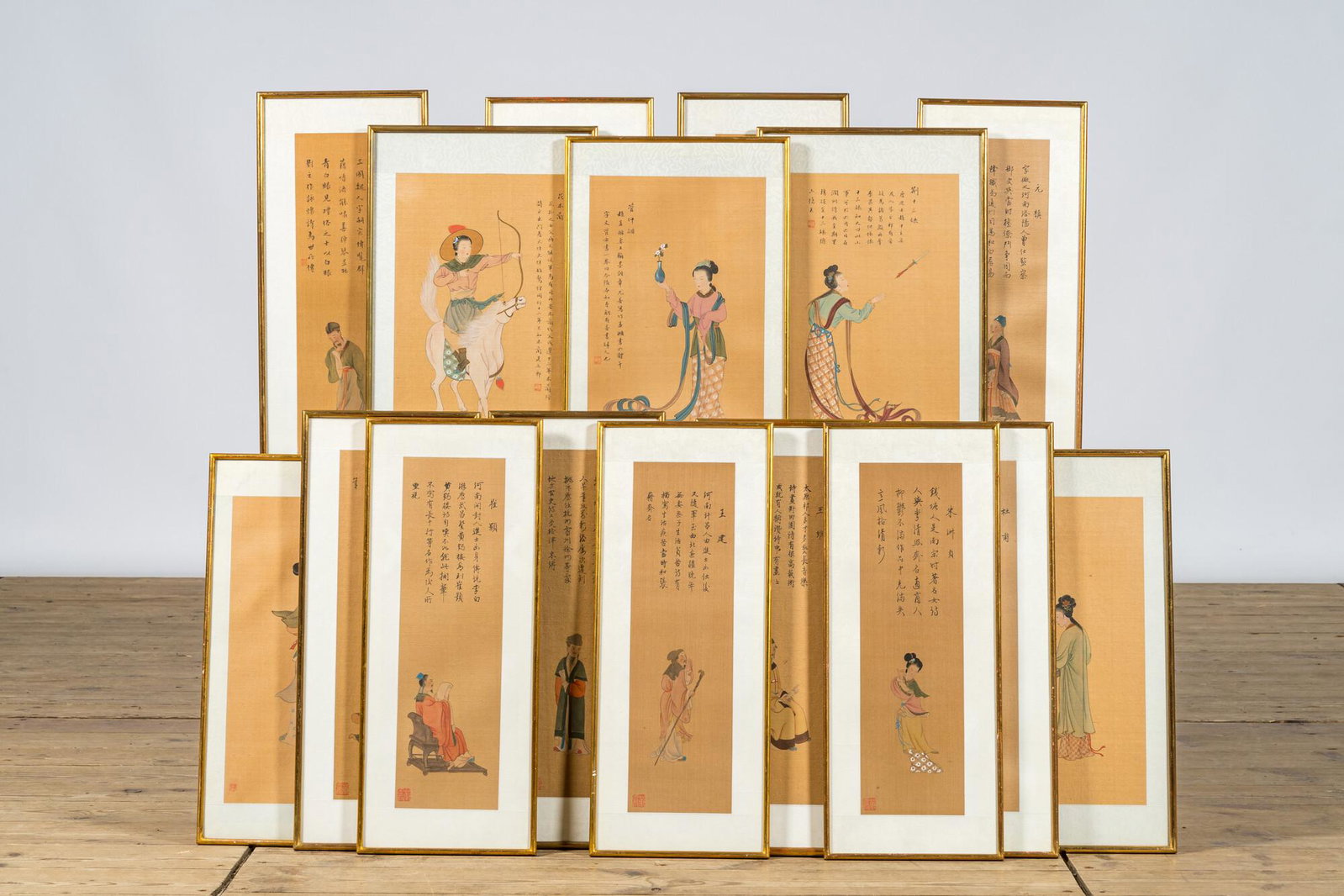 Chinese school, ink and colours on silk: Sixteen various figures, 20th C.: Full title: Chinese school, ink and colours on silk: Sixteen various figures, 20th C. Description: H 54 x L 22 cm About this sale: Paul De Grande is one of the major dealers of antique furniture, fine