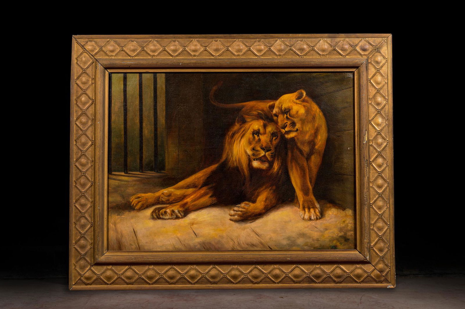 European School: Lion and lioness, oil on canvas, 20th C. (1 of 3)