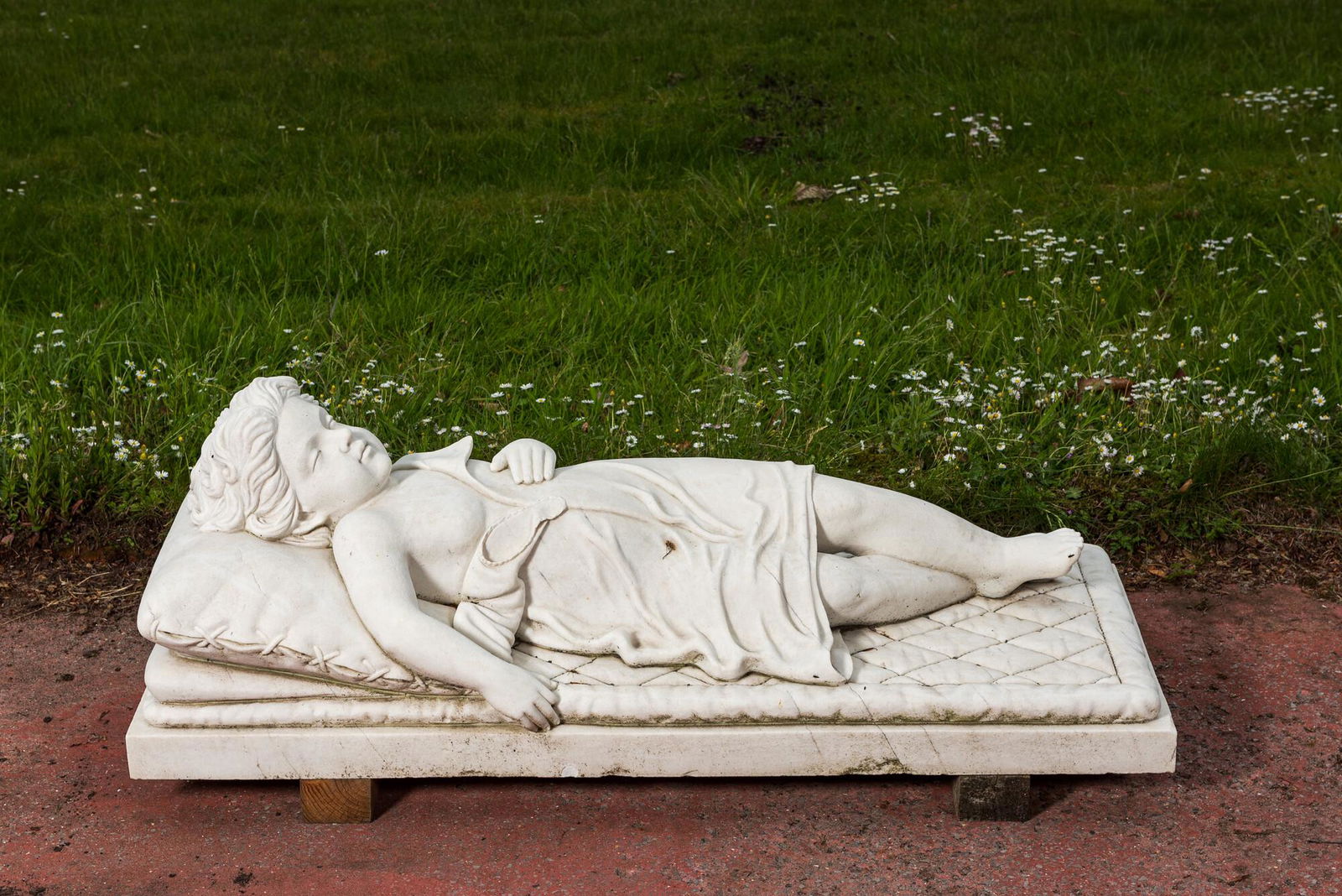 A white marble funerary monument with a sleeping young lady, 20th C. (1 of 5)