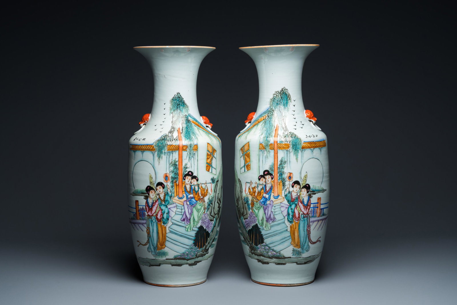 A pair of Chinese famille rose 'whistling ladies' vases, signed Zeng Dingtai 曾鼎太 (1 of 6)