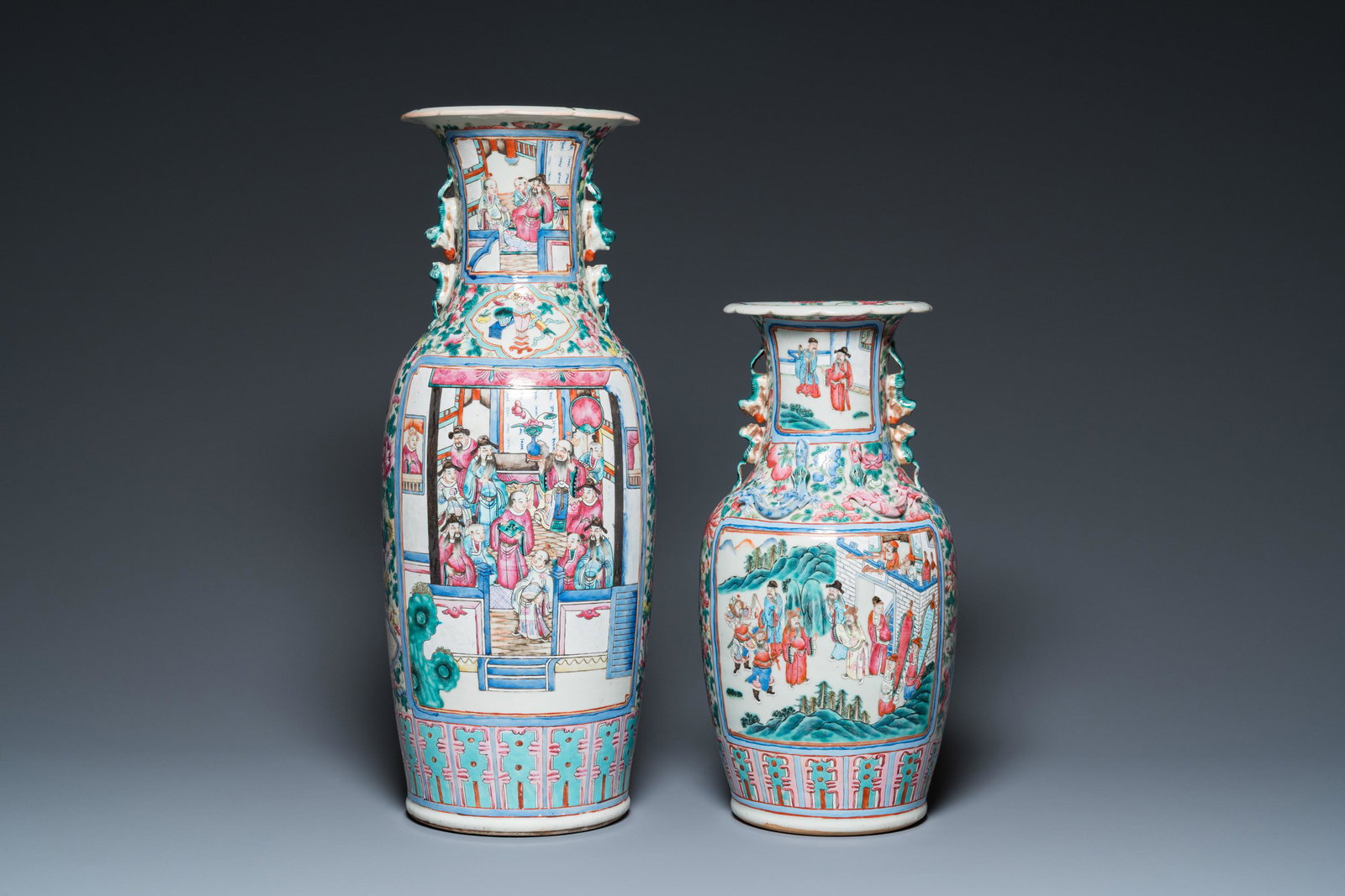 Two Chinese famille rose 'court scene' vases, 19th C.: H.: 61 cm (the tallest)