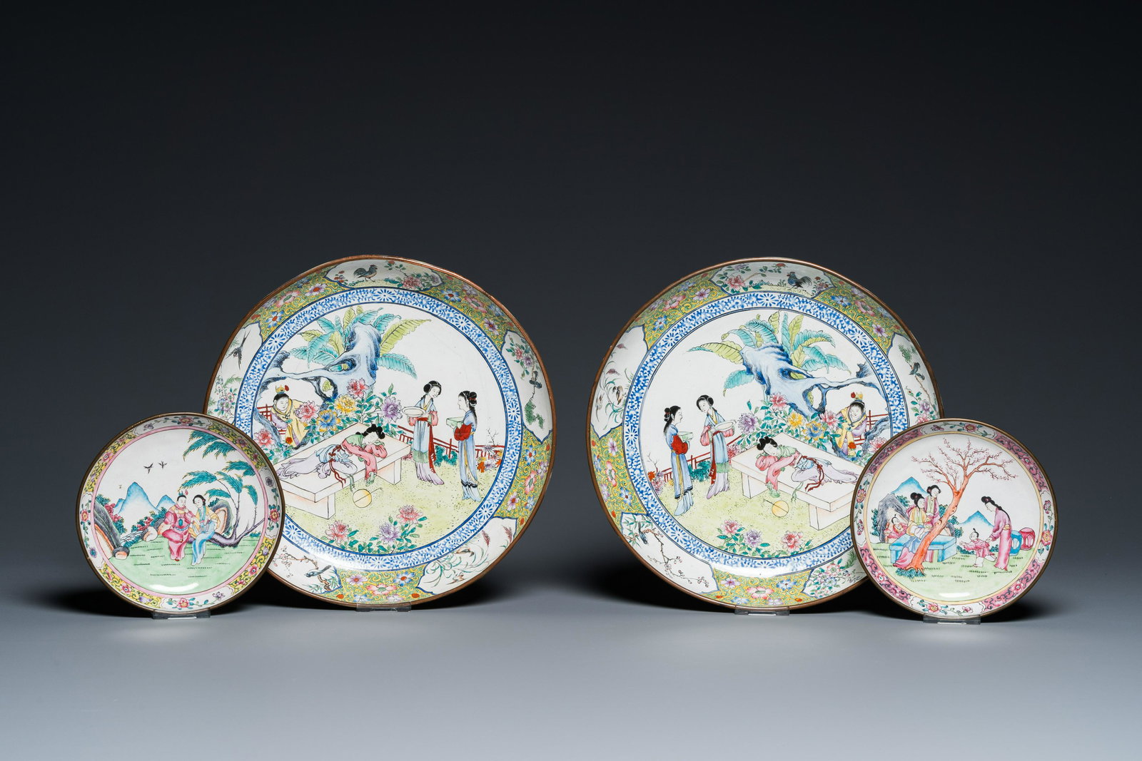A pair of Chinese Canton enamel dishes and two smaller plates, 19th C. (1 of 3)