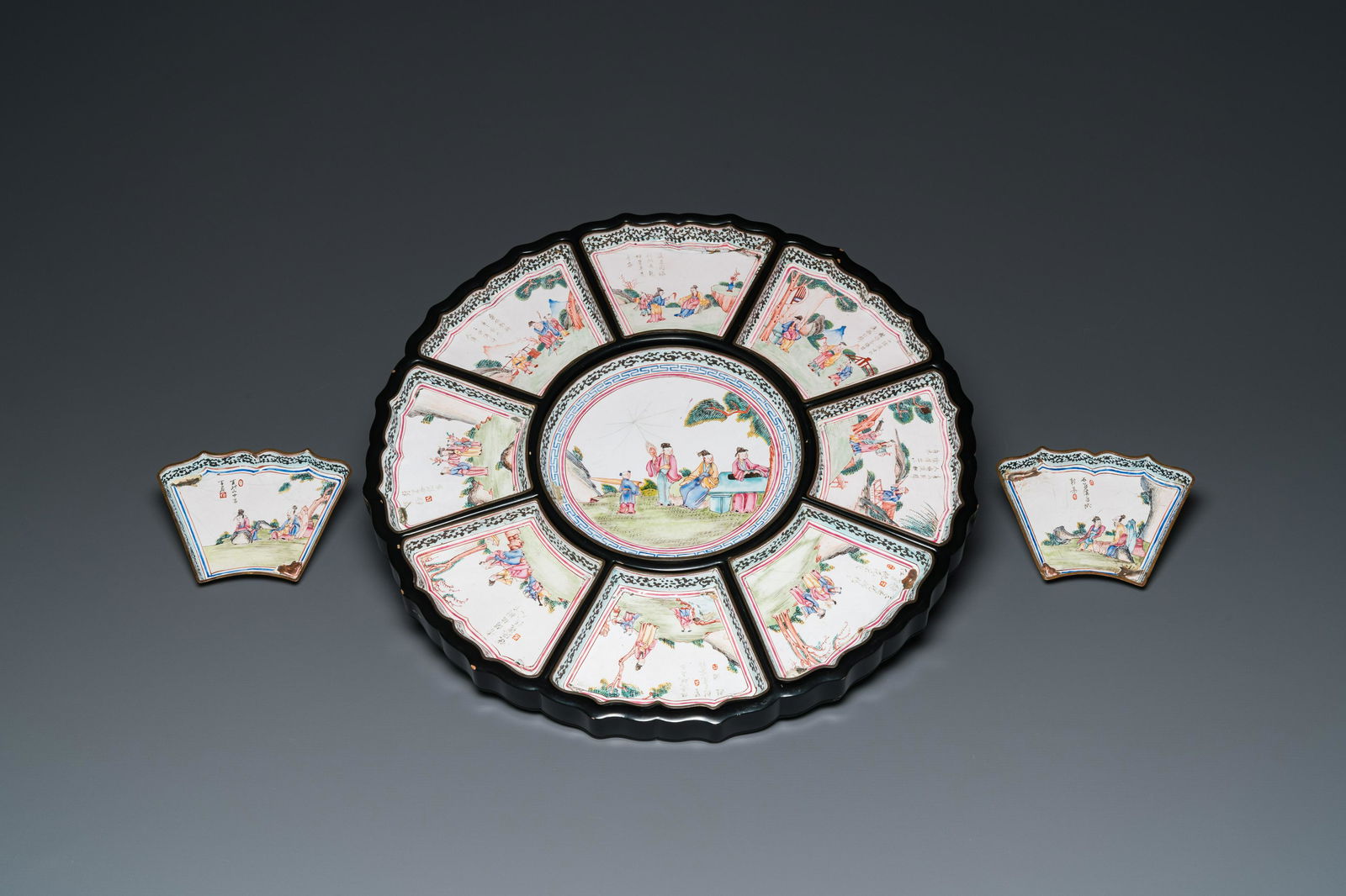 A Chinese eleven-piece Canton enamel sweetmeat or rice table set, Qianlong (1 of 6)