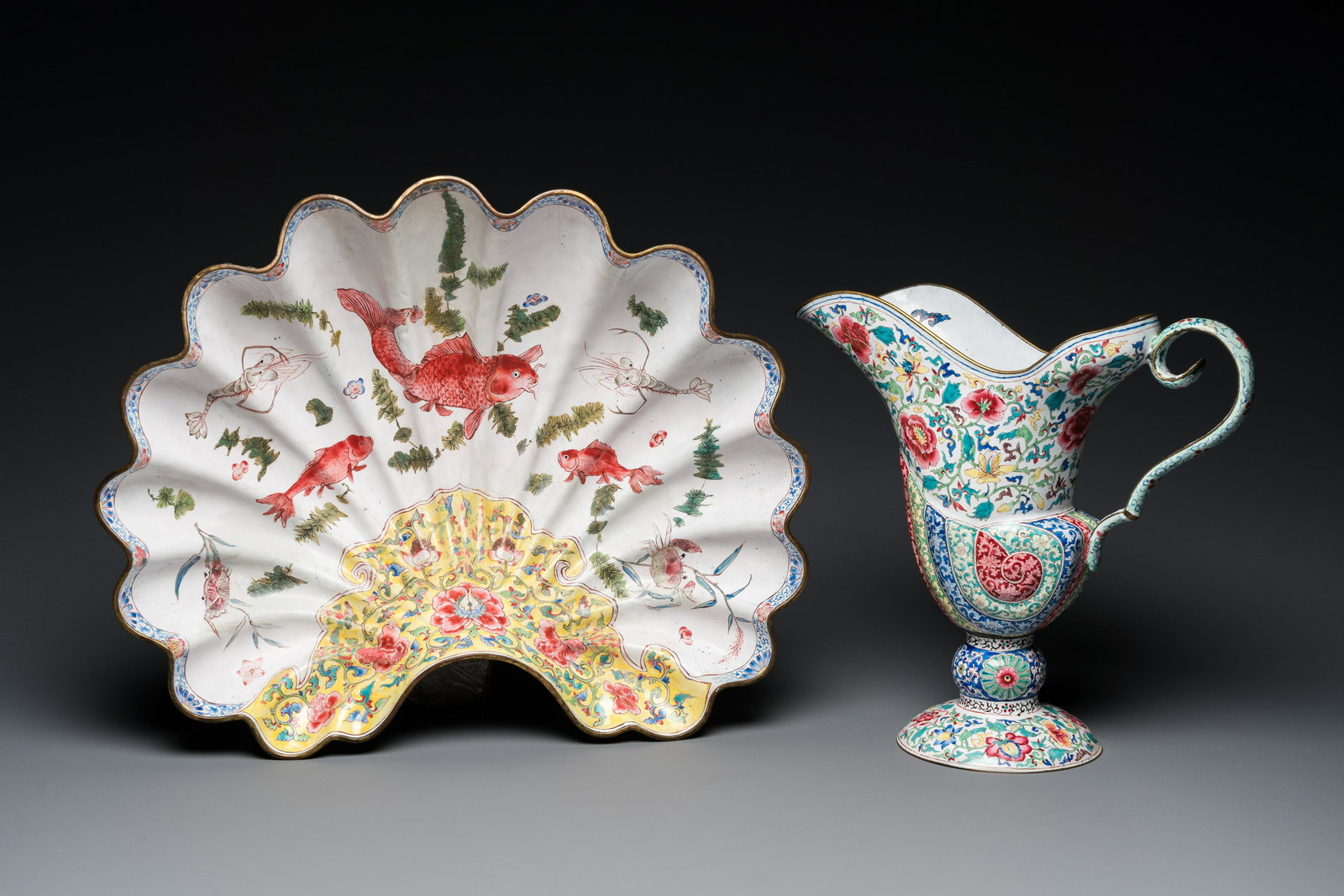 A Chinese Canton enamel shell-shaped basin and a helmet-shaped ewer, Qianlong (1 of 16)