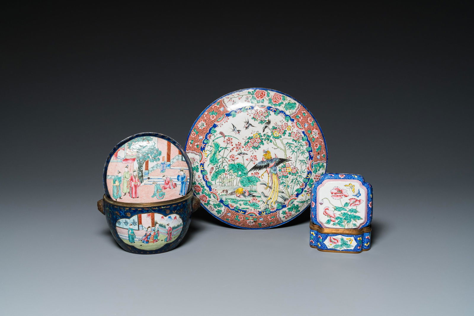 Two Chinese Canton enamel boxes and covers and a plaque, 19/20th C. (1 of 11)