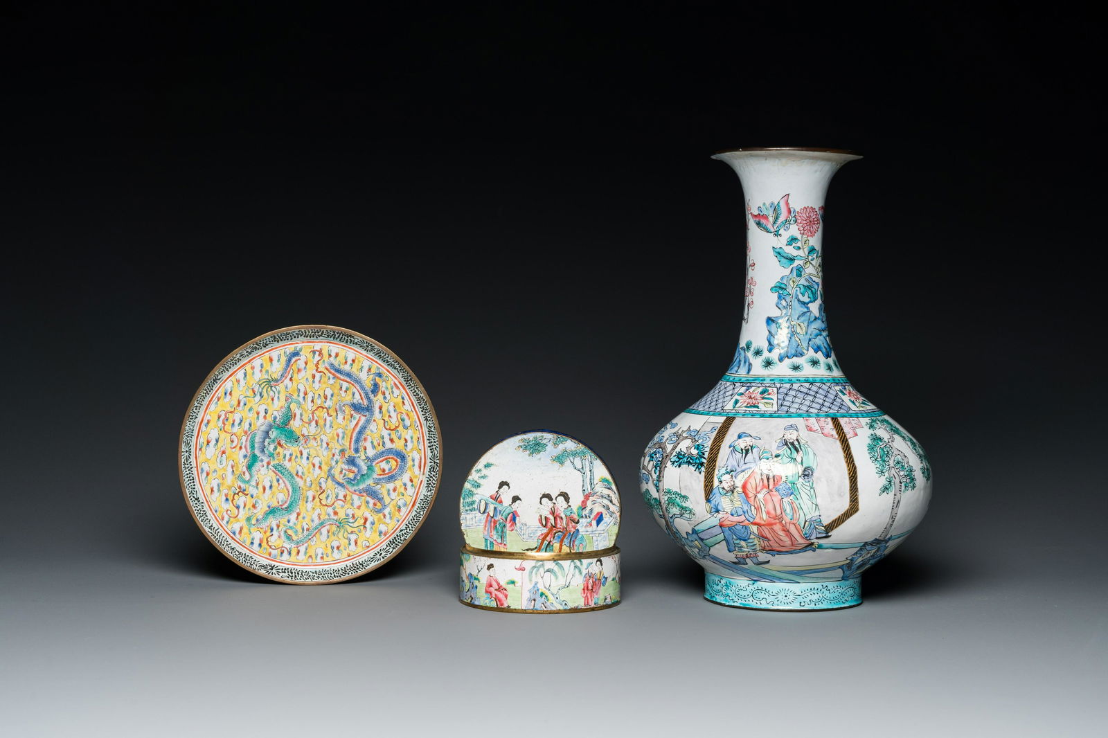 A Chinese Canton enamel vase, a box and cover and a 'dragon' dish, Qianlong and later (1 of 18)