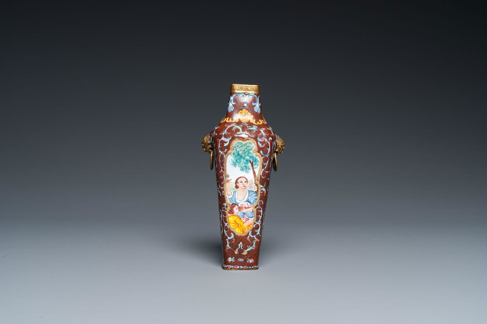 A square Chinese Canton enamel vase with Europeans, Qianlong mark and probably of the period (1 of 20)