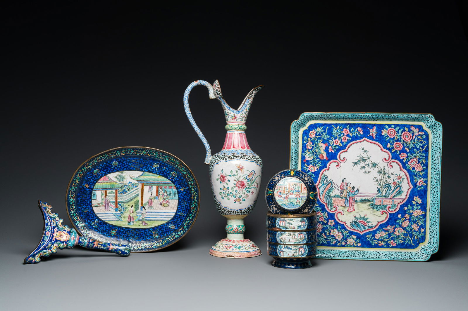 Two Chinese Canton enamel dishes, a ewer, a mirror handle and a stacking box, 18/19th C. (1 of 11)
