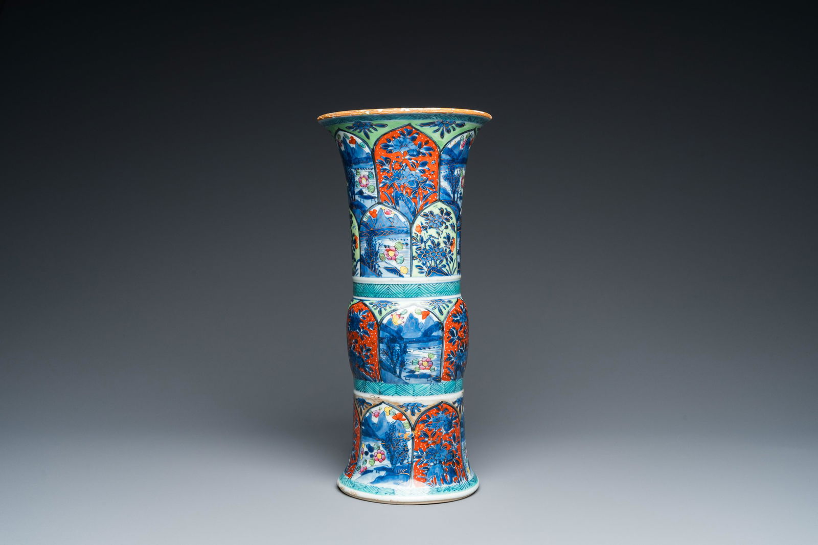 A Chinese blue and white 'gu' vase with European clobbered design, Kangxi (1 of 8)