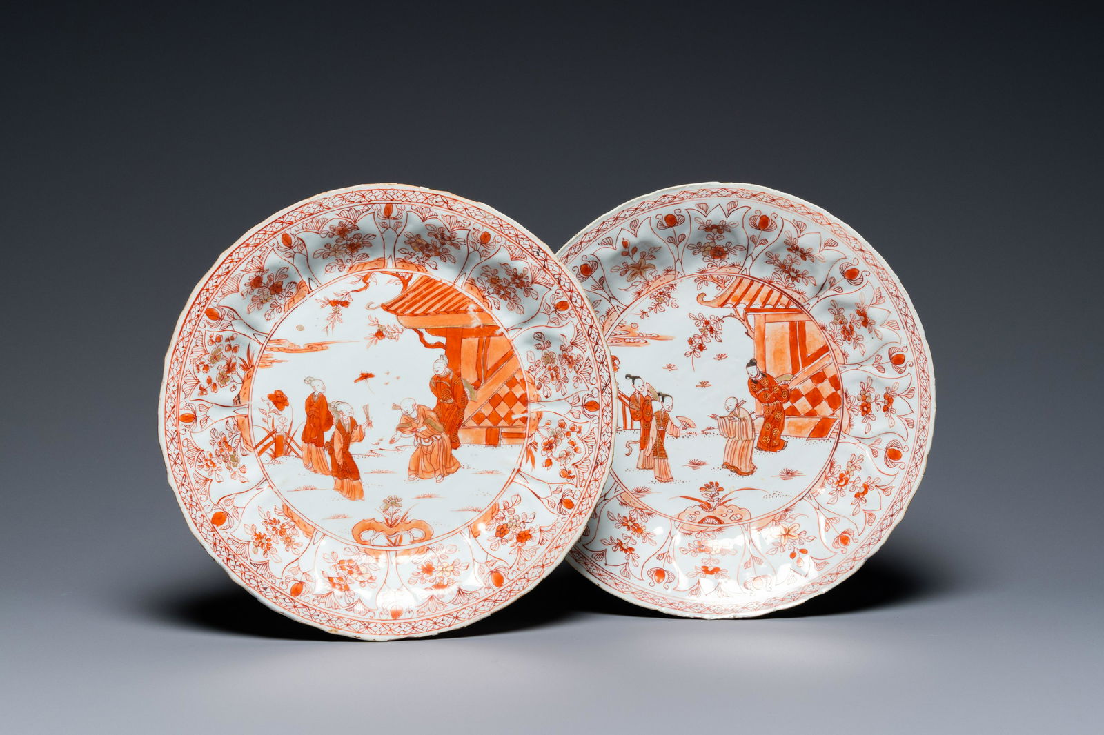 Two Chinese iron red and gilt lotus-shaped dishes, Kangxi (1 of 3)