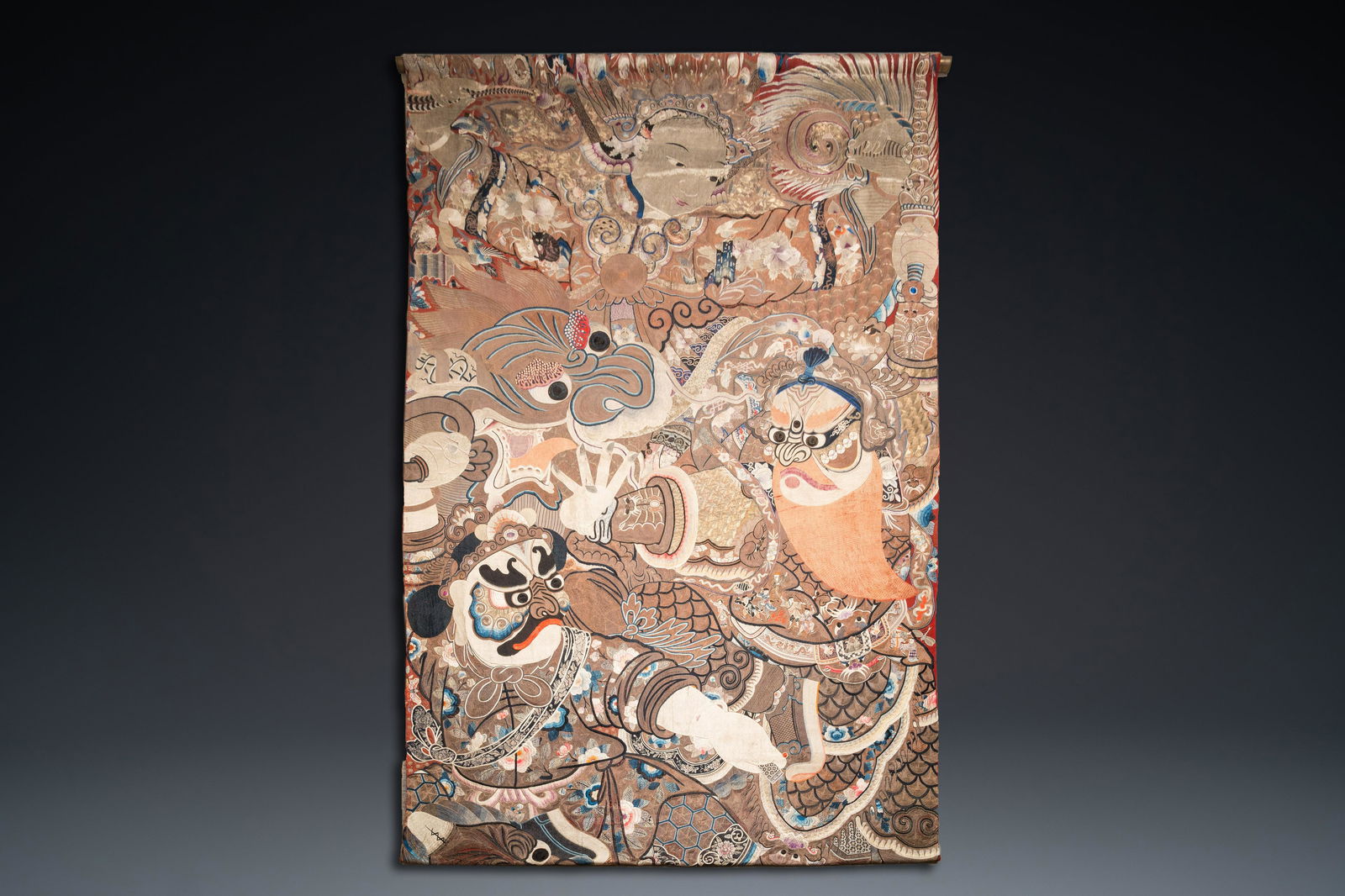 A large Chinese silk and metallic thread embroidered wall tapestry with an opera scene, 19th C. (1 of 7)