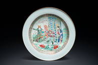 A rare large deep Chinese famille rose dish with fine figurative design, Yongzheng