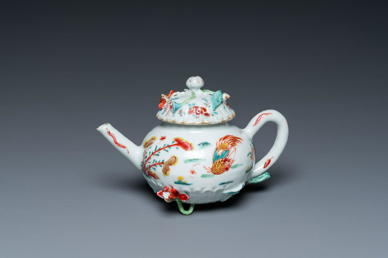 A Chinese famille rose 'rooster' teapot and cover, Yongzheng (1 of 7)