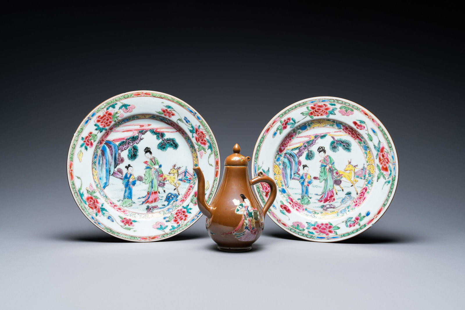 A pair of Chinese famille rose plates and a brown-ground jug and cover, Yongzheng (1 of 20)