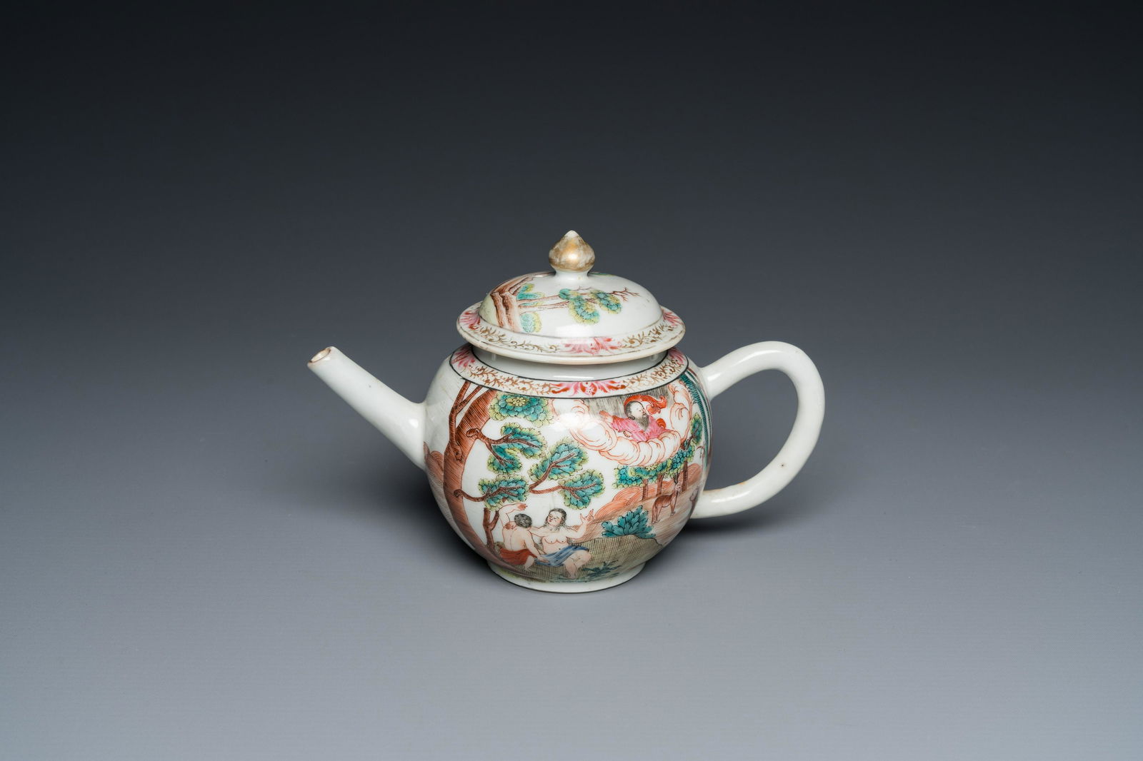 A rare Chinese famille rose 'Adam and Eve' teapot and cover, Qianlong (1 of 20)