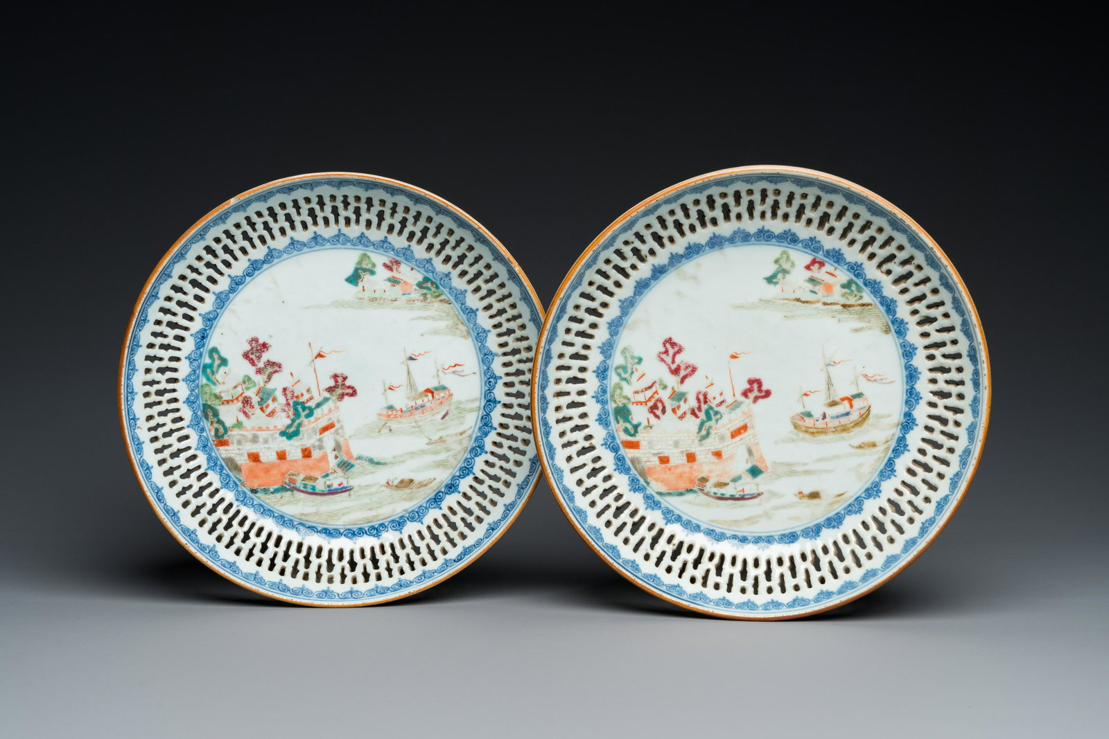 A pair of Chinese reticulated famille rose 'Fort Folly' dishes, Qianlong (1 of 11)