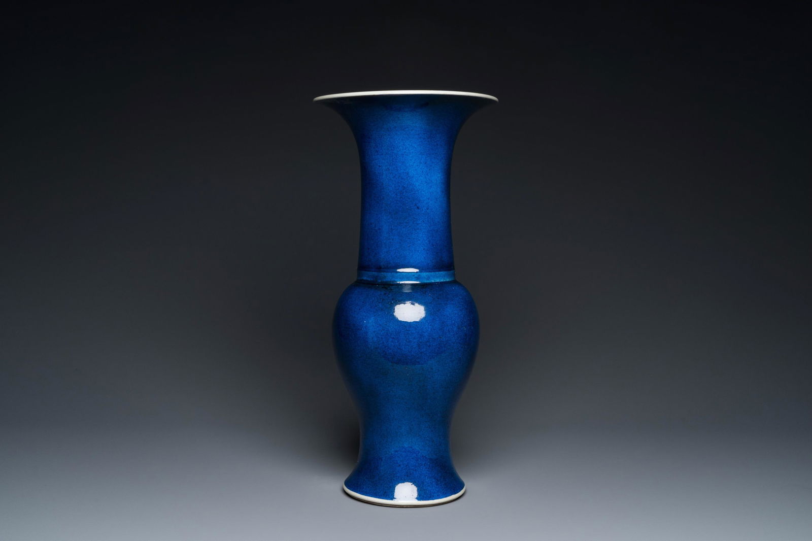 A Chinese monochrome powder blue 'yenyen' vase, Kangxi (1 of 5)