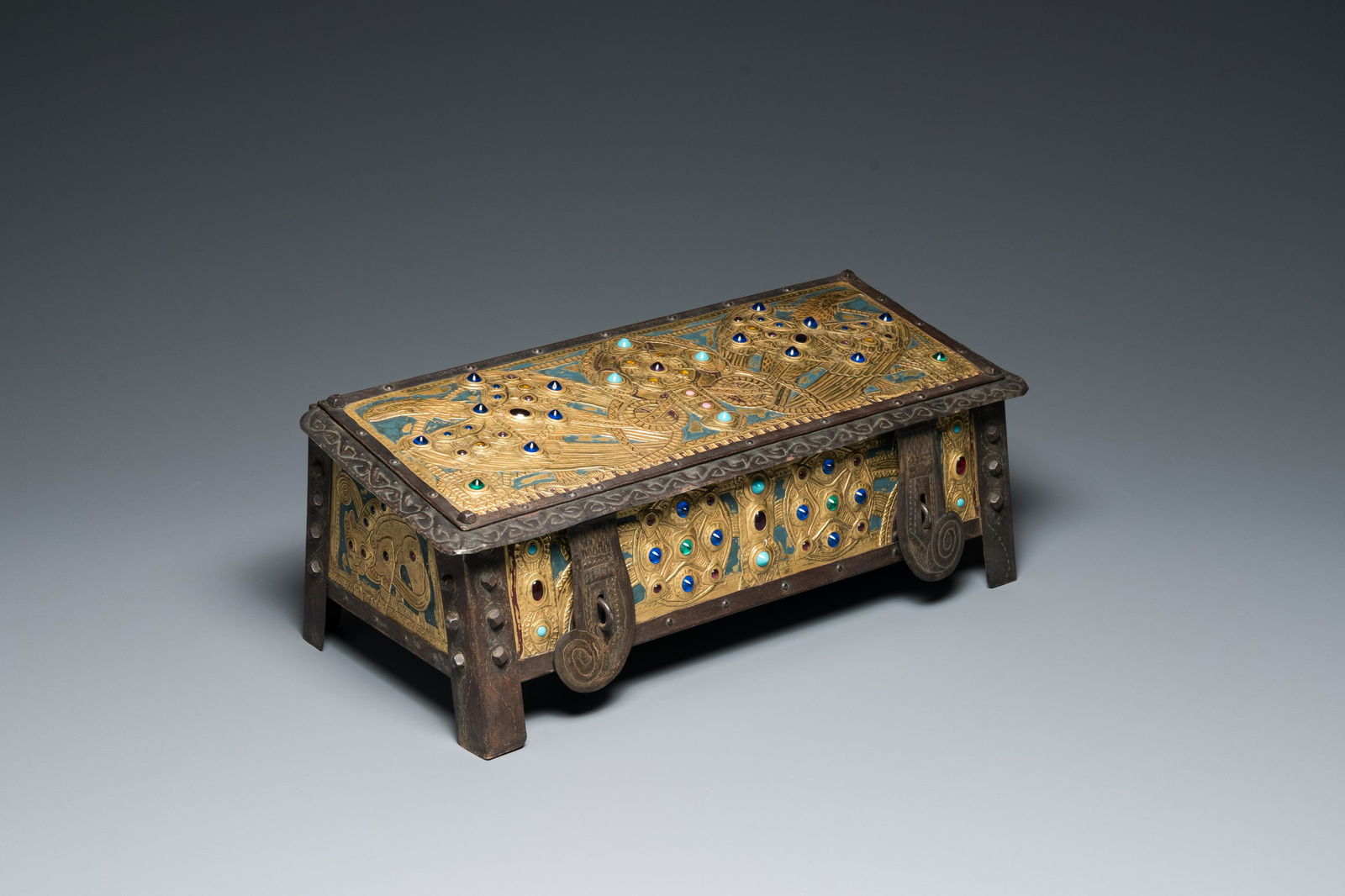 Alfred Daguet (Paris, 1875-1942): A Gothic revival repoussé brass and copper-mounted metal box (1 of 10)