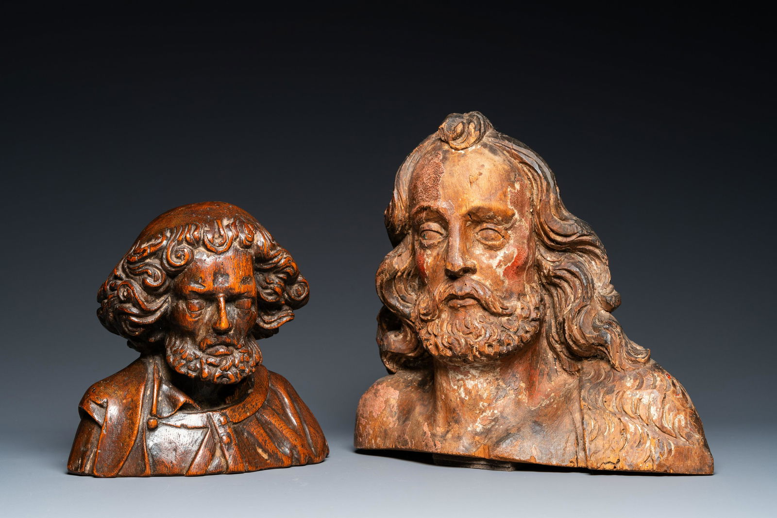 Two carved wooden busts of saints, Italy or France, 17th C. (1 of 8)
