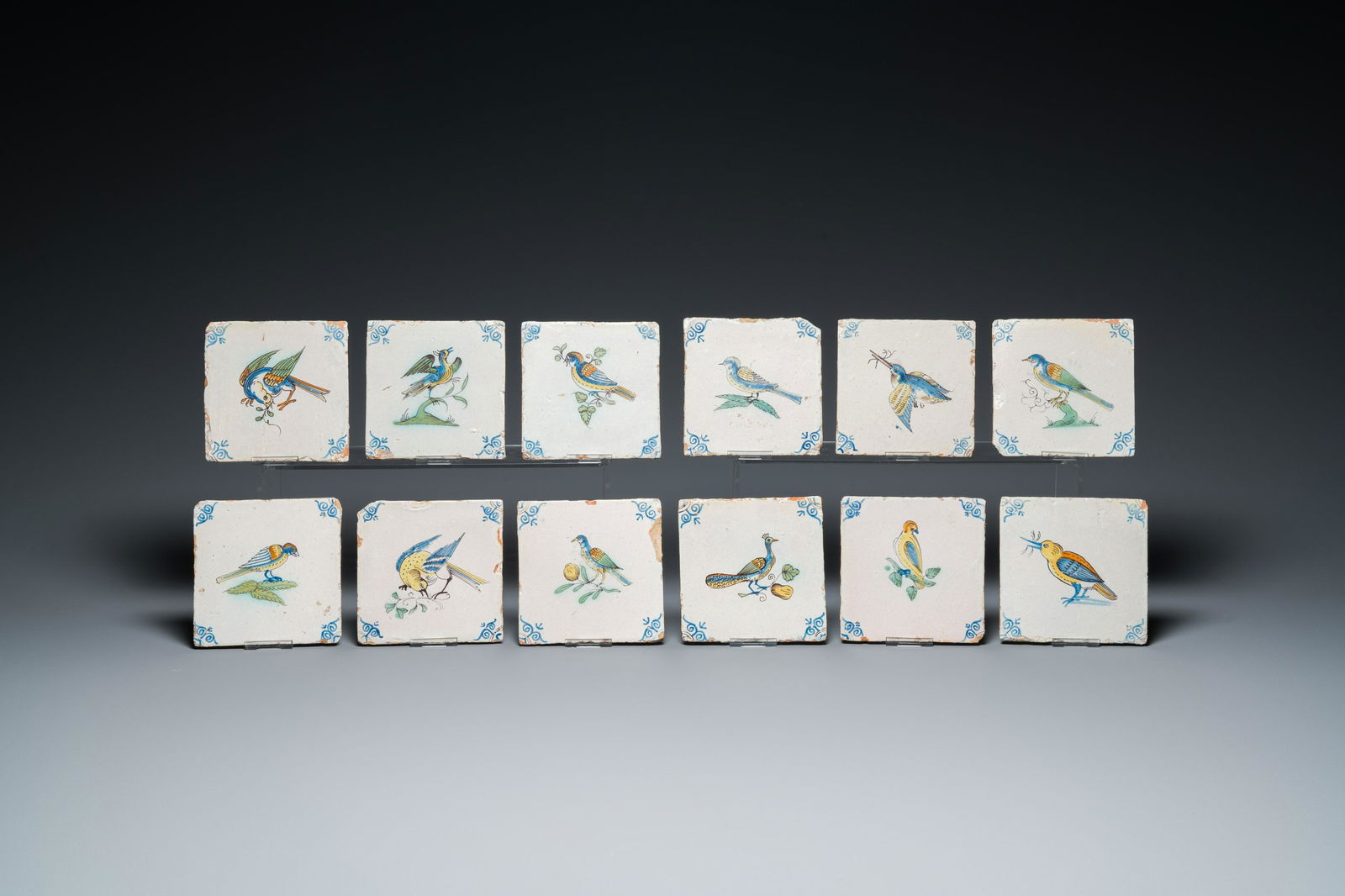 Twelve polychrome Dutch Delft 'bird' tiles, 17th C. (1 of 4)