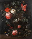 Van Verendael, Nicolaes (1640-1691, attr. to): Floral still life in urn with butterfly, oil on