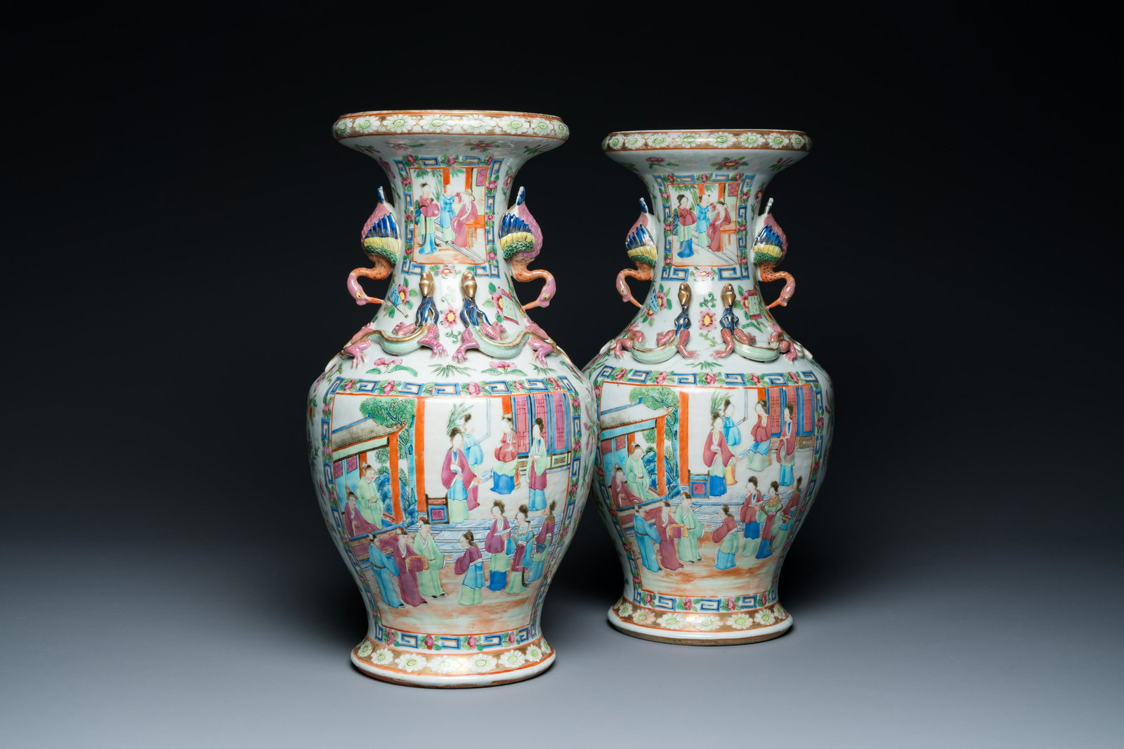 A pair of Chinese Canton famille rose vases with duck-shaped handles, 19th C.: Full title: A pair of Chinese Canton famille rose vases with duck-shaped handles, 19th C. Description: H.: 42 cm