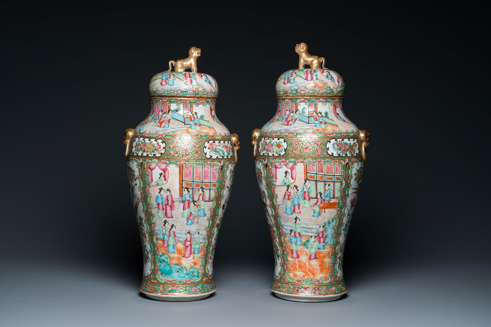 A pair of Chinese Canton famille rose vases and covers, 19th C.: Full title: A pair of Chinese Canton famille rose vases and covers, 19th C. Description: H.: 51 cm