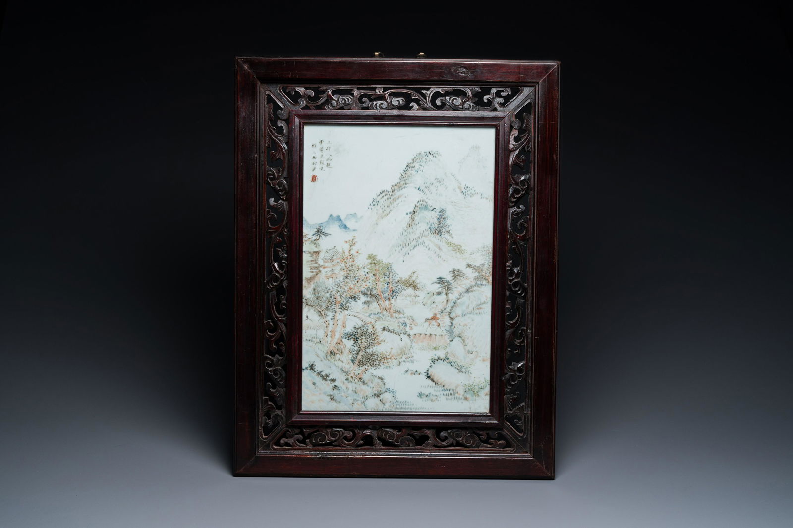 A Chinese rectangular qianjiangcai 'mountainous landscape' plaque in the style of Cheng Men, 19th C. (1 of 3)