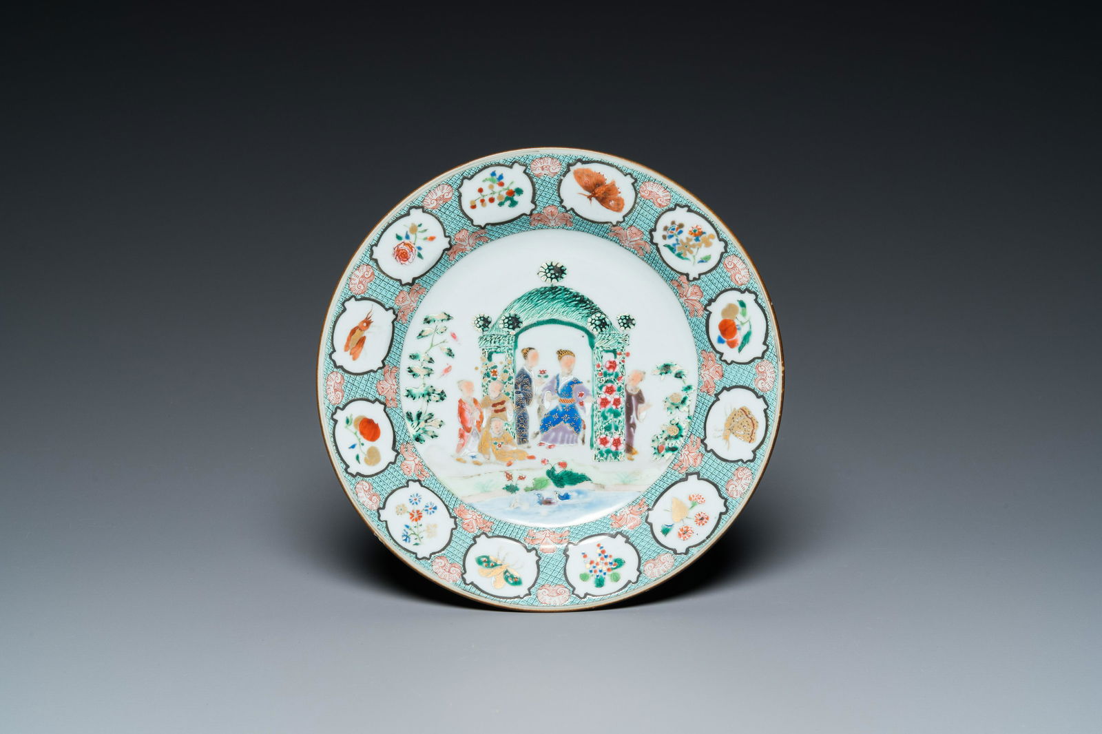 A Chinese famille rose 'arbor' plate after a design by Cornelis Pronk, Qianlong (1 of 2)