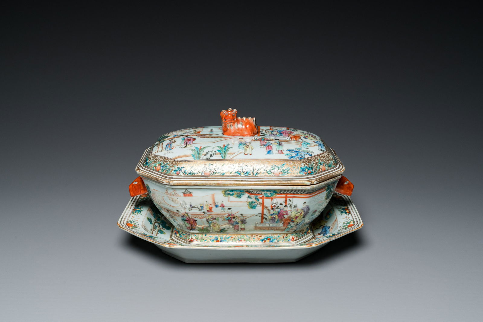 A Chinese octagonal famille rose 'mandarin subject' tureen and cover on stand, Qianlong (1 of 9)