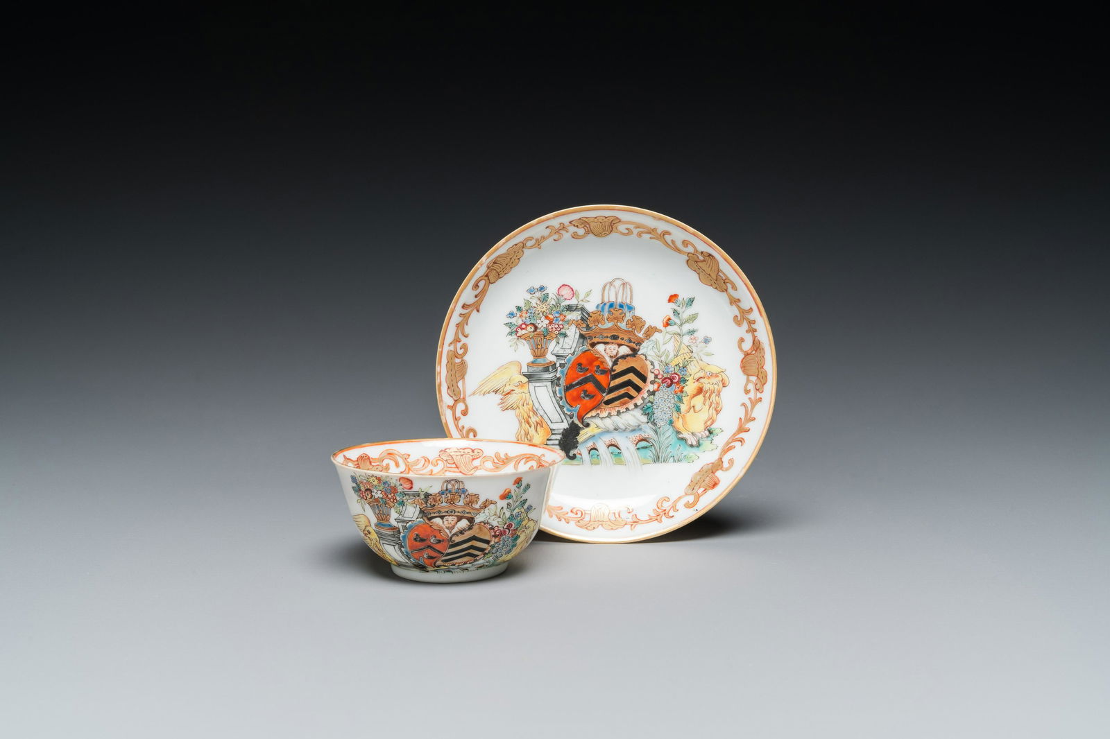 A Chinese Dutch market famille rose cup and saucer with the arms of van Isselmuden and van (1 of 9)