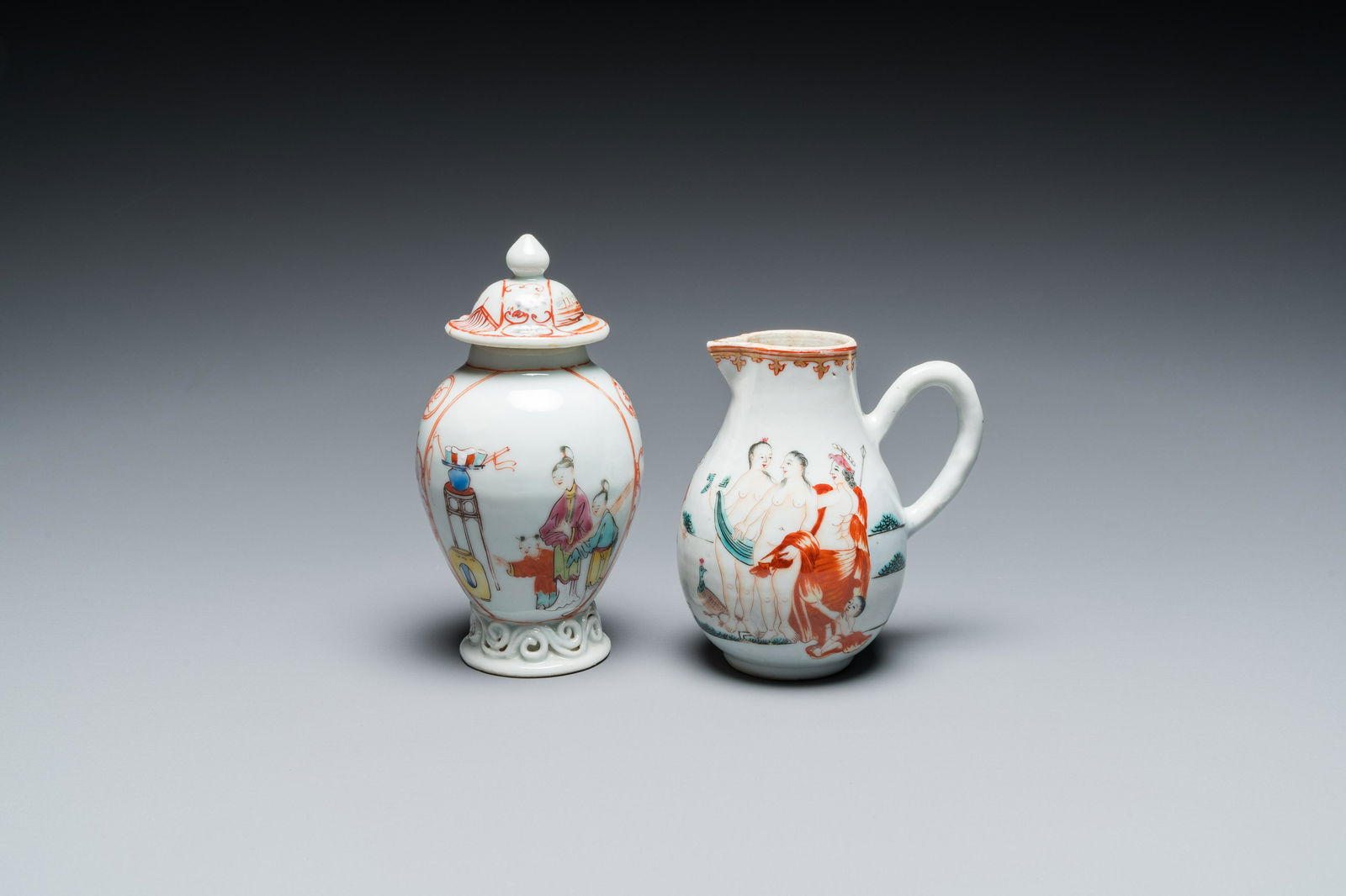 A Chinese famille rose 'mandarin subject' tea caddy and a jug with the 'Judgement of Paris', (1 of 7)