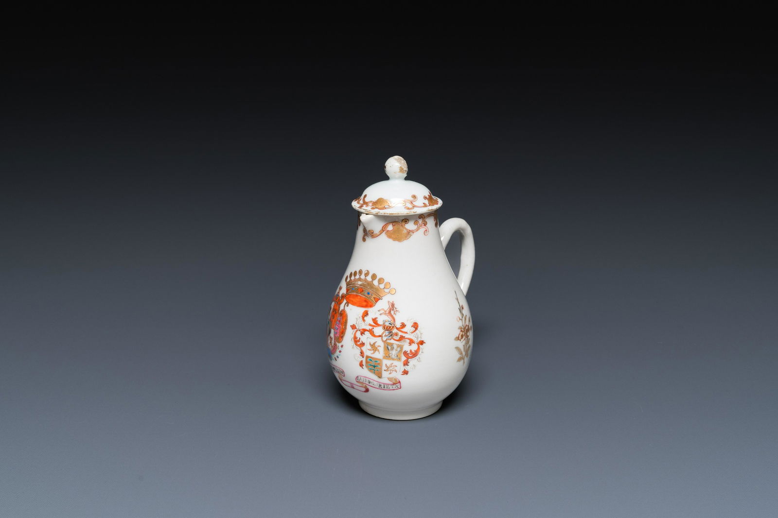 A Chinese famille rose armorial jug and cover with the arms of De Riet and Bouillon for the Dutch (1 of 7)