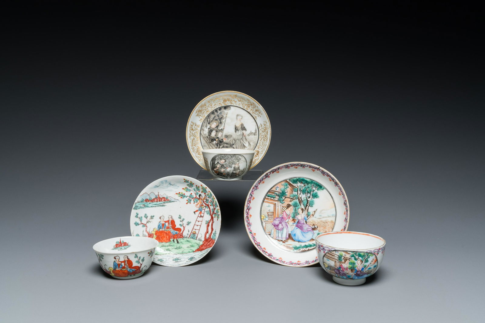 Three Chinese export porcelain cups and saucers, Qianlong (1 of 9)
