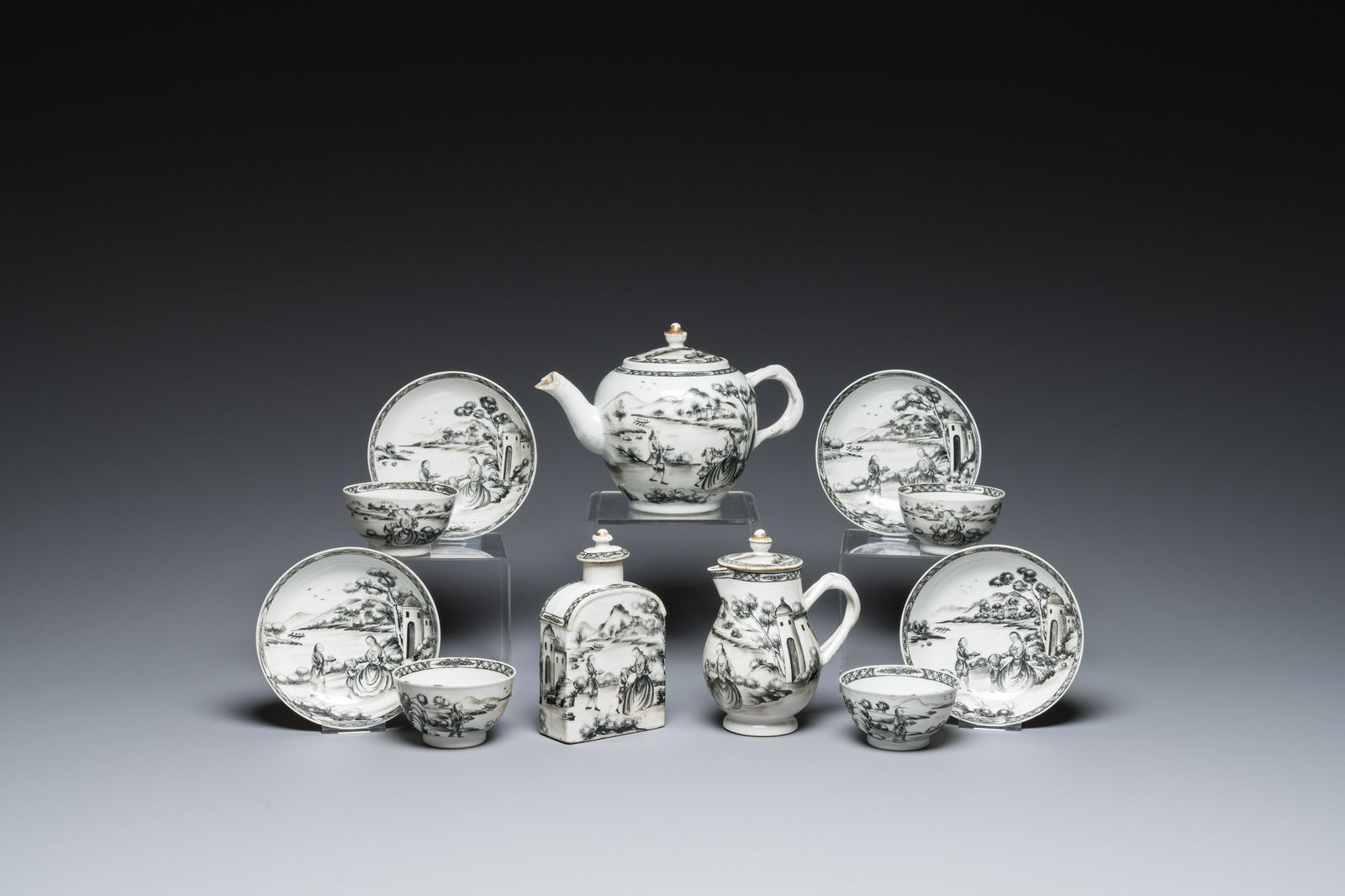 A Chinese grisaille 11-piece tea service with a European lady with a child, Qianlong (1 of 15)