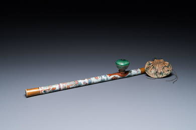 A rare Chinese famille rose opium pipe with narrative scenes, 19th C.
