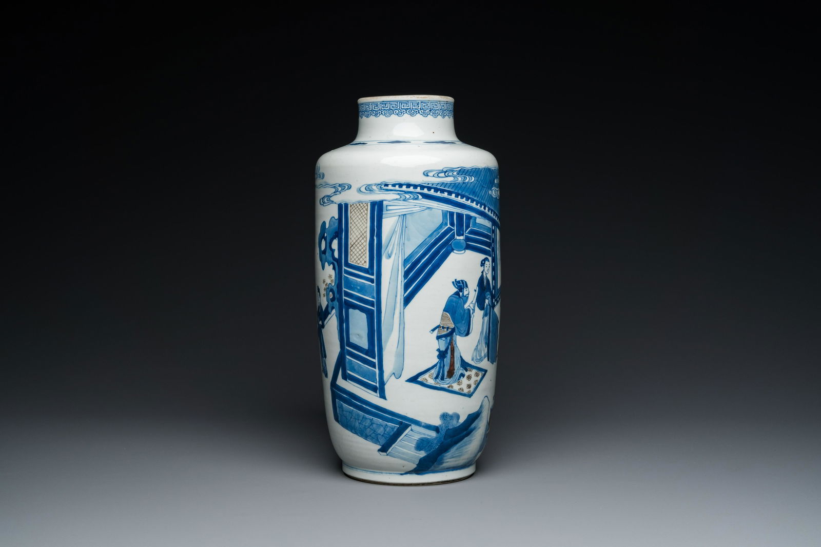 A Chinese blue, white and copper-red 'narrative subject' rouleau vase, Kangxi (1 of 7)