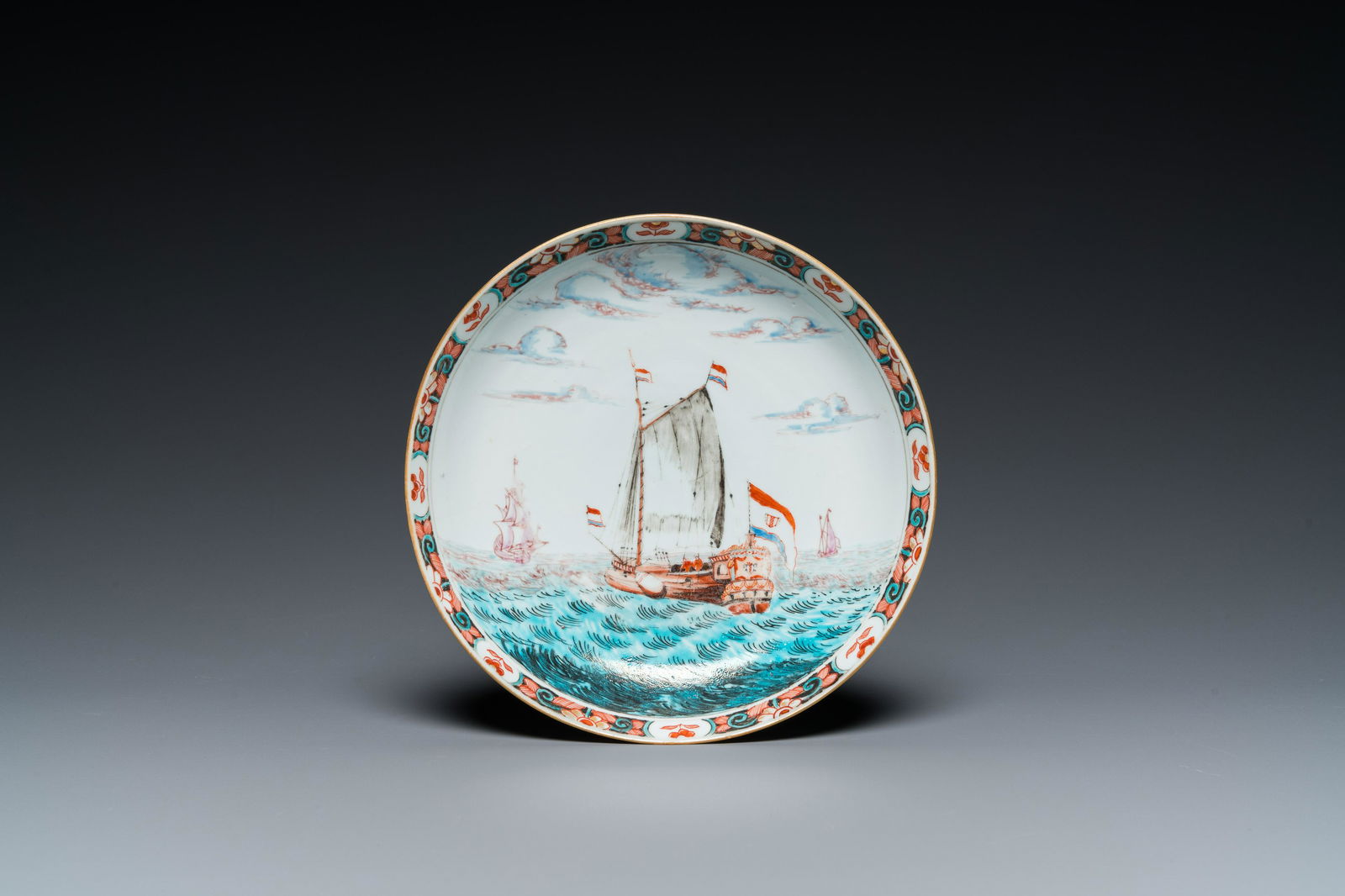 A Dutch-decorated Chinese porcelain plate with a merchant ship, Kangxi (1 of 2)