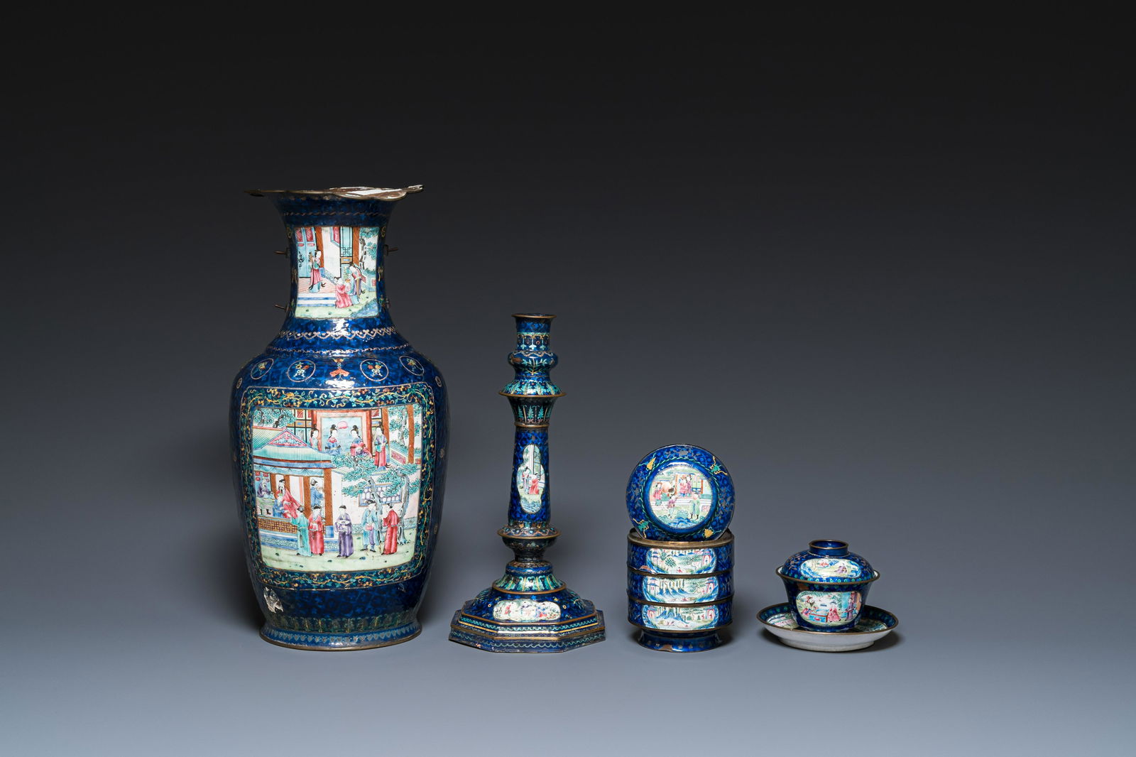 Four Chinese blue-ground Canton enamel wares, Qianlong/Jiaqing (1 of 20)