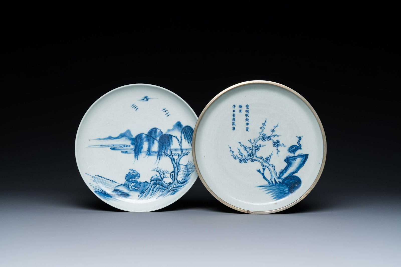 Two Chinese blue and white 'Bleu de Hue' plates for the Vietnamese market, Ngoan Ngoc mark and seal (1 of 3)