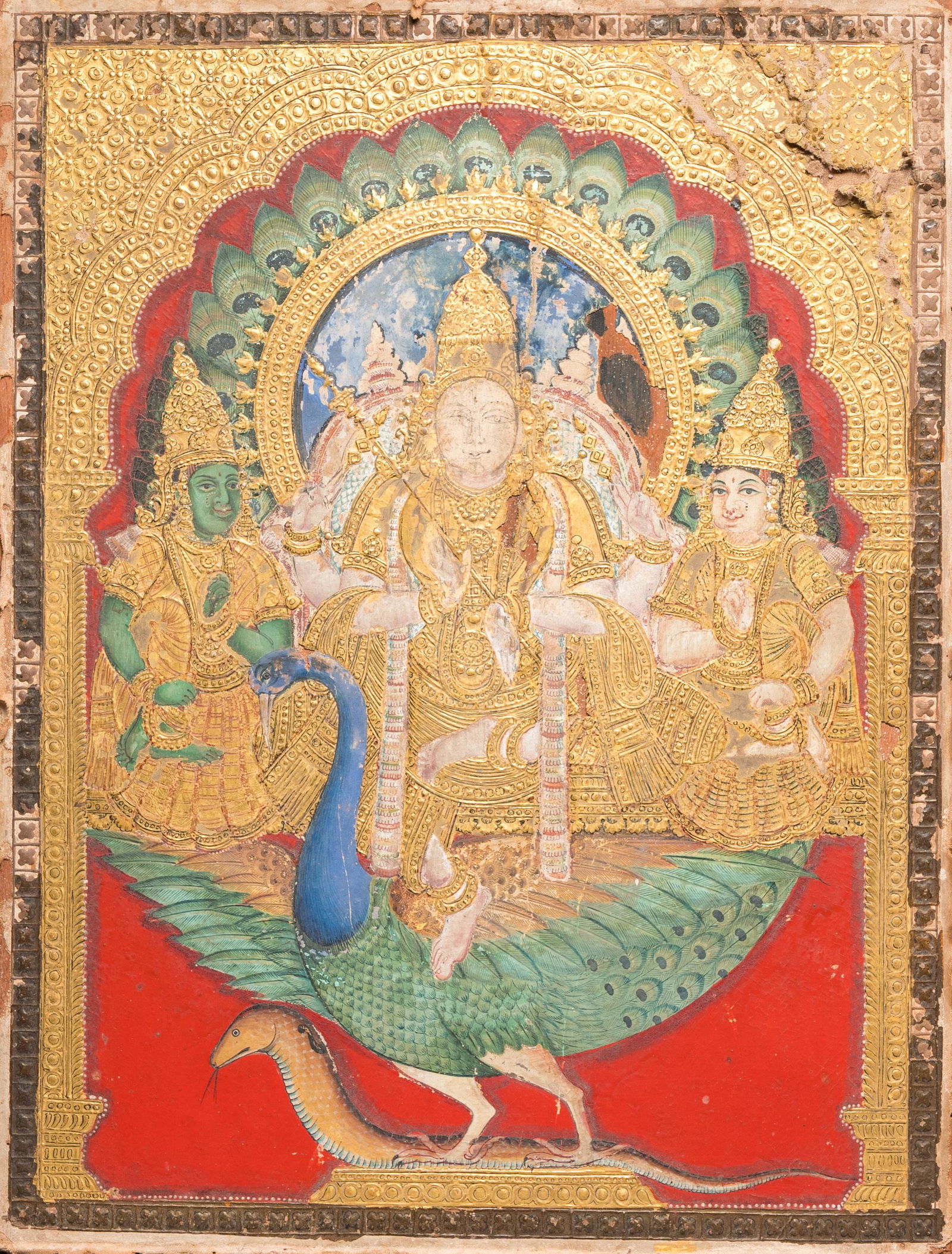 Indian school, Thanjavur region: 'Murugan on his peacock', 19th C. (1 of 3)