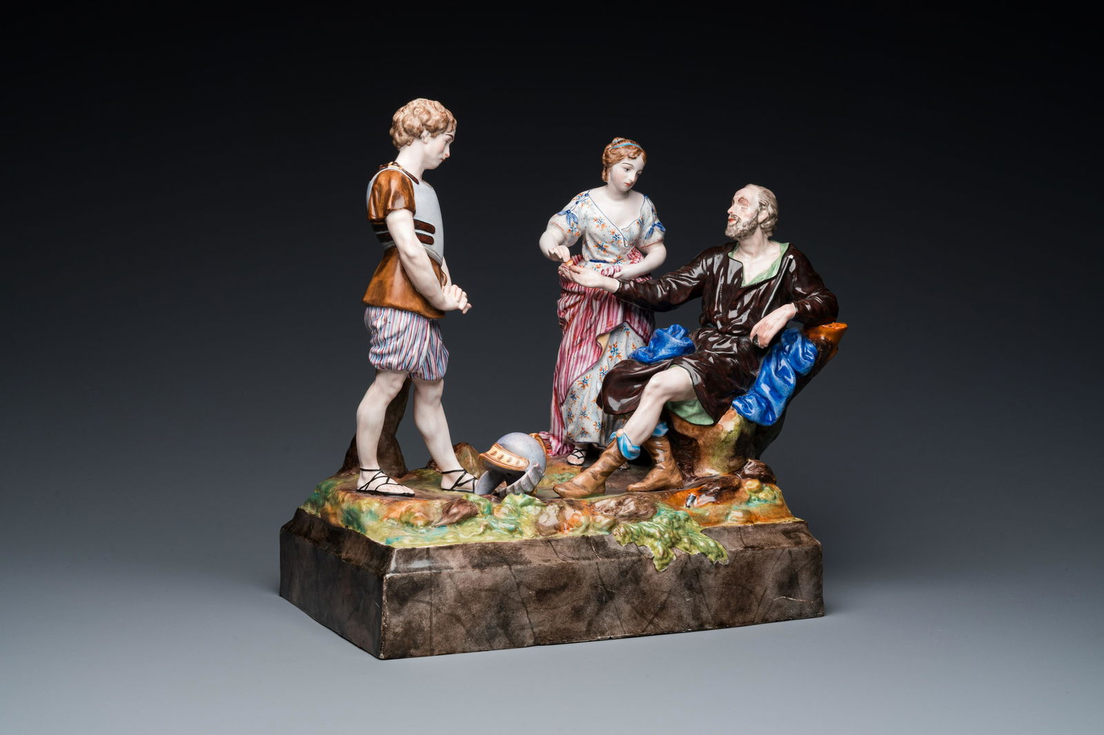 A large French polychrome pottery group showing the story of Belisarius, Niderviller, 18th C. (1 of 7)