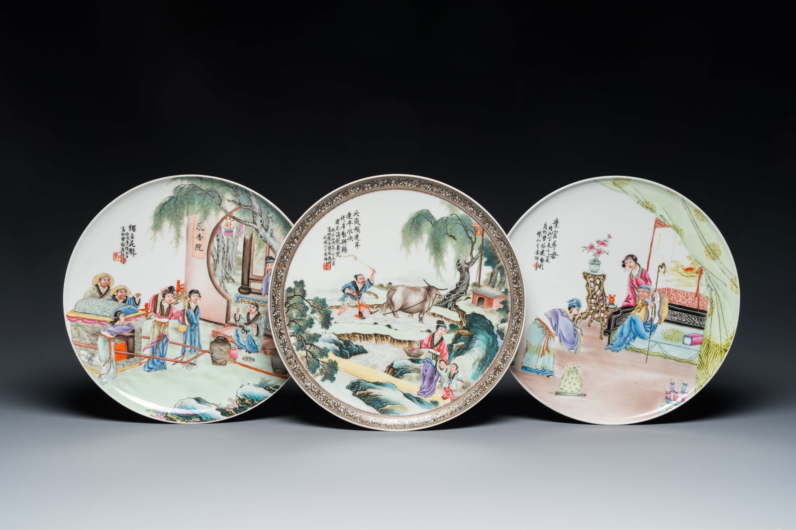 Three Chinese famille rose dishes, signed Zeng Fuqing and Le Tao Zhai, 1946 & 1947 (1 of 3)