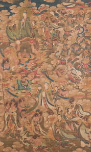 Chinese school: 'A sky full of Buddhist divinities', ink and colour on silk, 18th C.: Full title: Chinese school: 'A sky full of Buddhist divinities', ink and colour on silk, 18th C. Description: Dim.: 273,5 x 104 cm (the scroll) Dim.: 144,5 x 89 cm (the work) Condition: The absence of