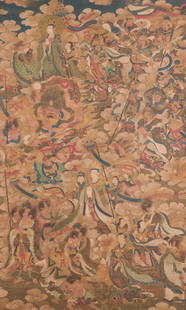 Chinese school: 'A sky full of Buddhist divinities', ink and colour on silk, 18th C.: Full title: Chinese school: 'A sky full of Buddhist divinities', ink and colour on silk, 18th C. Description: Dim.: 273,5 x 104 cm (the scroll) Dim.: 144,5 x 89 cm (the work) Condition: The